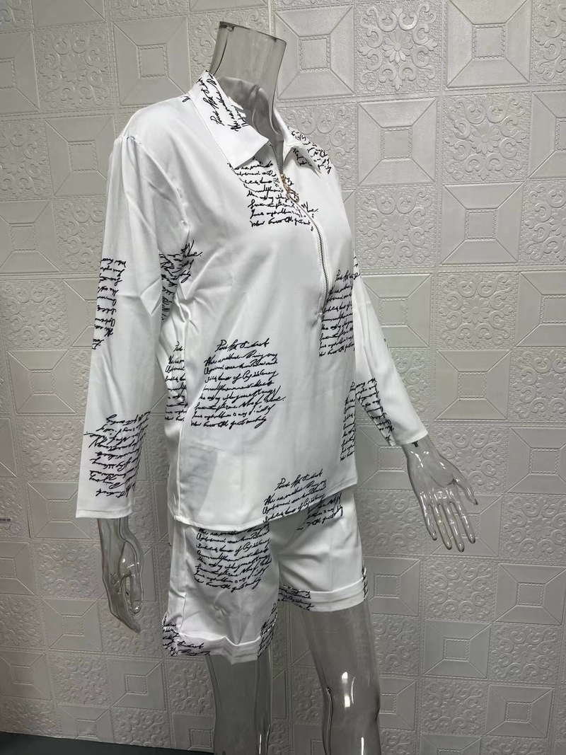 Completo da donna alla moda, pantaloncini con cerniera stampata a maniche lunghe, set da due pezzi_voghion.com