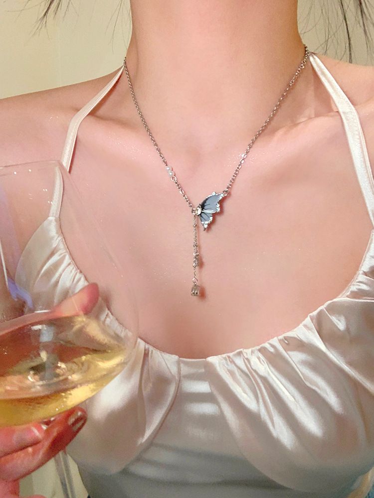 Cool butterfly tassel pearl necklace for women summer new clavicle chain sweet and cool versatile temperament girlfriend accessories_voghion.com