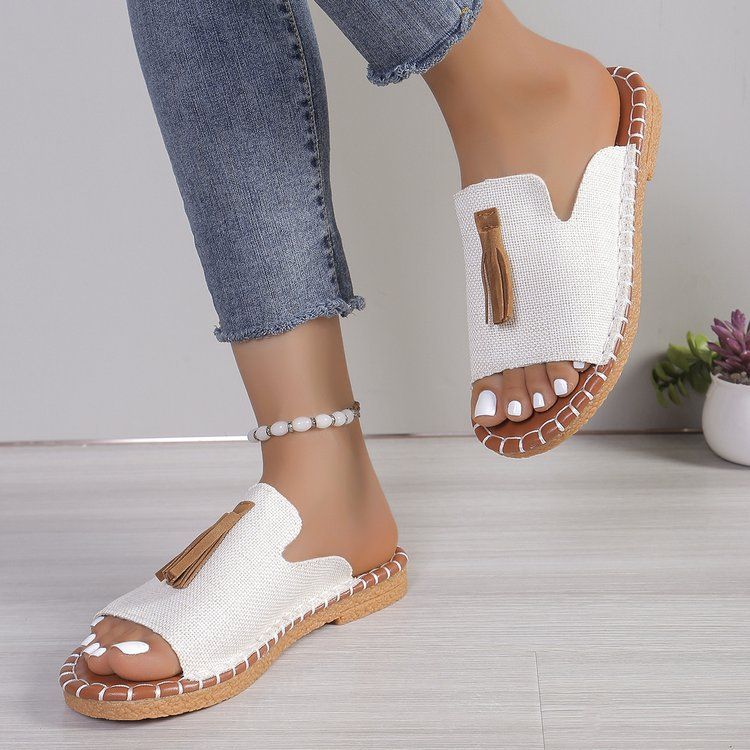 Women's Shoes Large Size Tassel Flat Bottomed One Strap Slippers Summer Outing Beach Women's Shoes_voghion.com