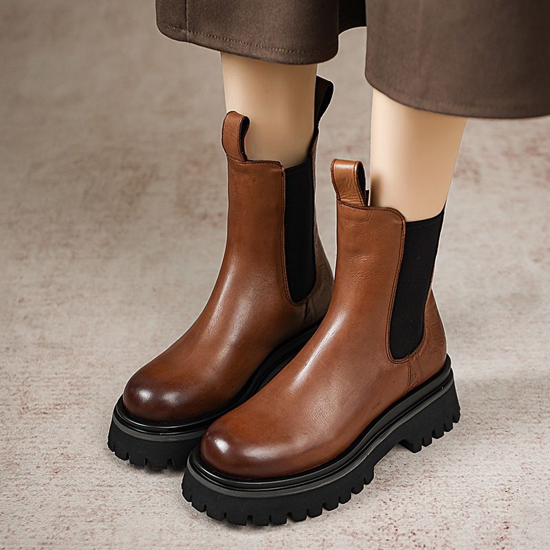 Herbst Neue Britische Stil Echtleder Schornstein Dicke Sohle Kurze Vielseitige Mid-Calf Stiefel_voghion.com
