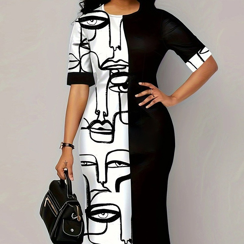 Vêtements pour femmes, grande taille, nouveau style, manches courtes, imprimé contrasté, robe d'épissure, printemps et été_voghion.com