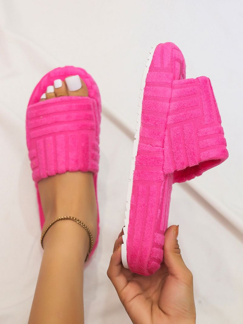 Women's one word thick bottom solid color towel fabric woolly slippers_voghion.com