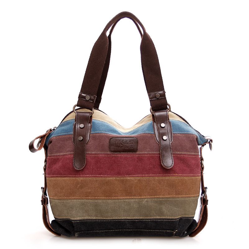 Trendy Regenbogen gestreifte Mode Patchwork Damen gewaschen Canvas Tasche_voghion.com
