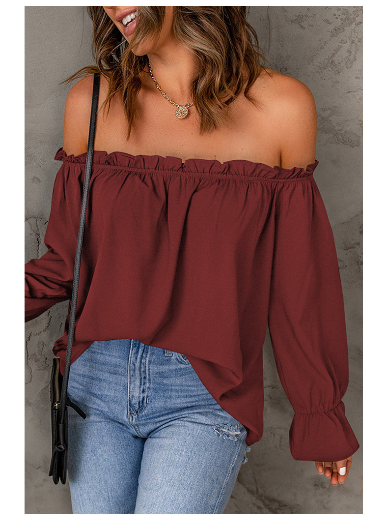 Blusa in chiffon con spalle scoperte da donna - Elegante top peplo a maniche lunghe con volant in tinta unita (nero, bordeaux, verde, beige, rosa antico)_voghion.com