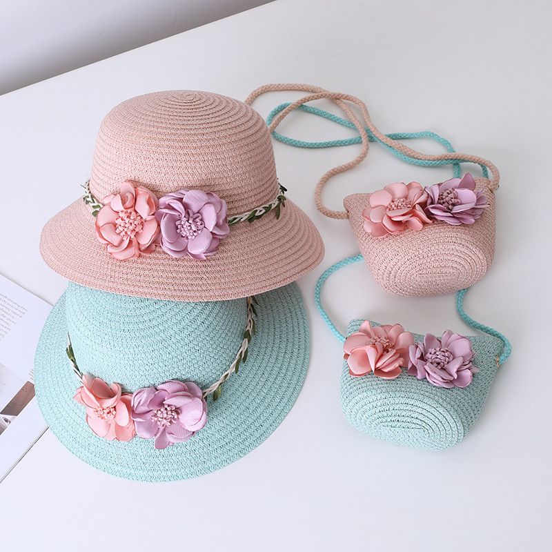 Eltern-Kind-Sommer Neue Blume Kinder Fischer Stroh Mädchen Strand Sonnenschutz Sonnenhut Tasche Set_voghion.com