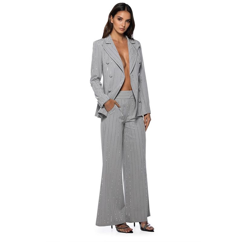 Conjunto de terno feminino elegante com detalhes em strass - Blazer e calça slim fit para escritório e uso noturno (preto/cinza/branco, M-XXL)_voghion.com
