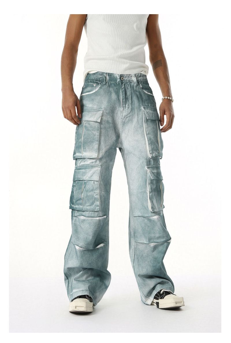 EF JEANS | 2025 Spring New Niche Heavy Industry Gradual Change Spray Color Do Old Multi Pocket Wide Leg Cargo Pants Tide_voghion.com
