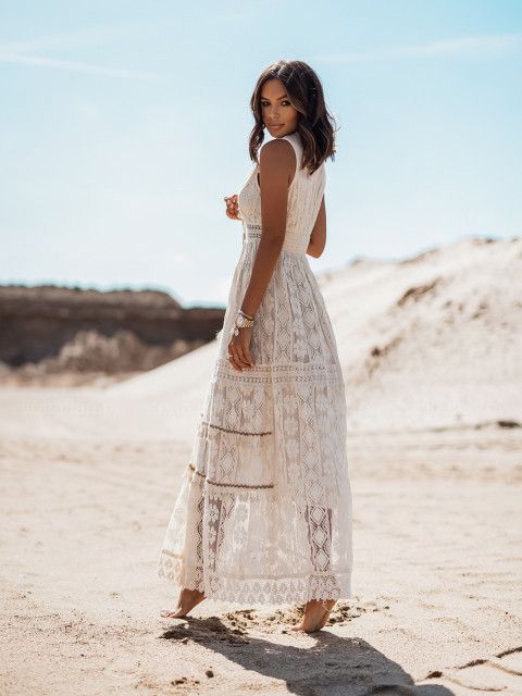 Abito altalena grande con spalline in pizzo da donna lungo elegante bohémien estivo 2023_voghion.com