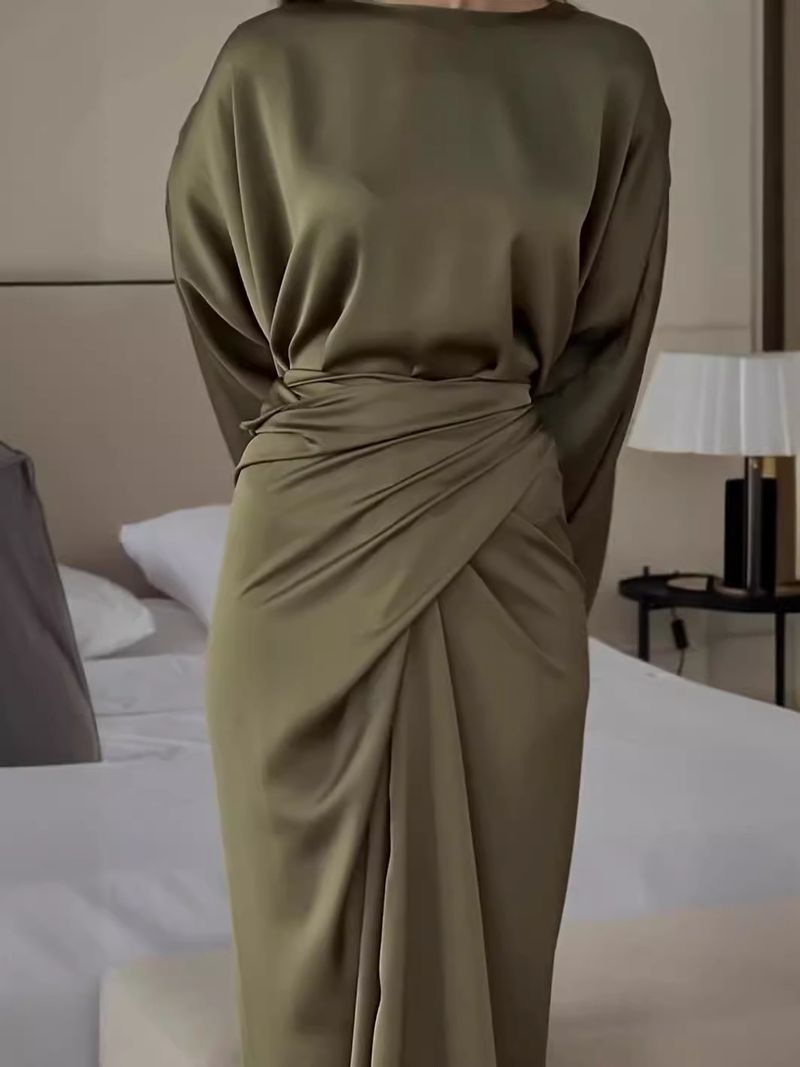 Women's Clothing simple bat sleeve tie waist slim solid color dress for women_voghion.com