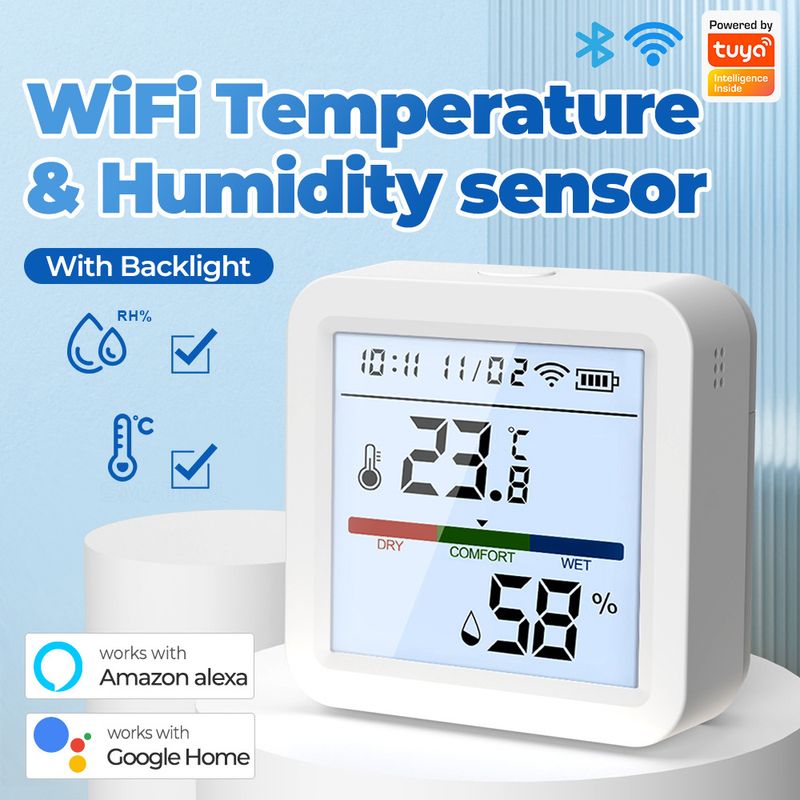 Sensore intelligente di temperatura e umidità Tuya WiFi/Zigbee con retroilluminazione, igrometro per interni, controllo vocale tramite Alexa Google_voghion.com