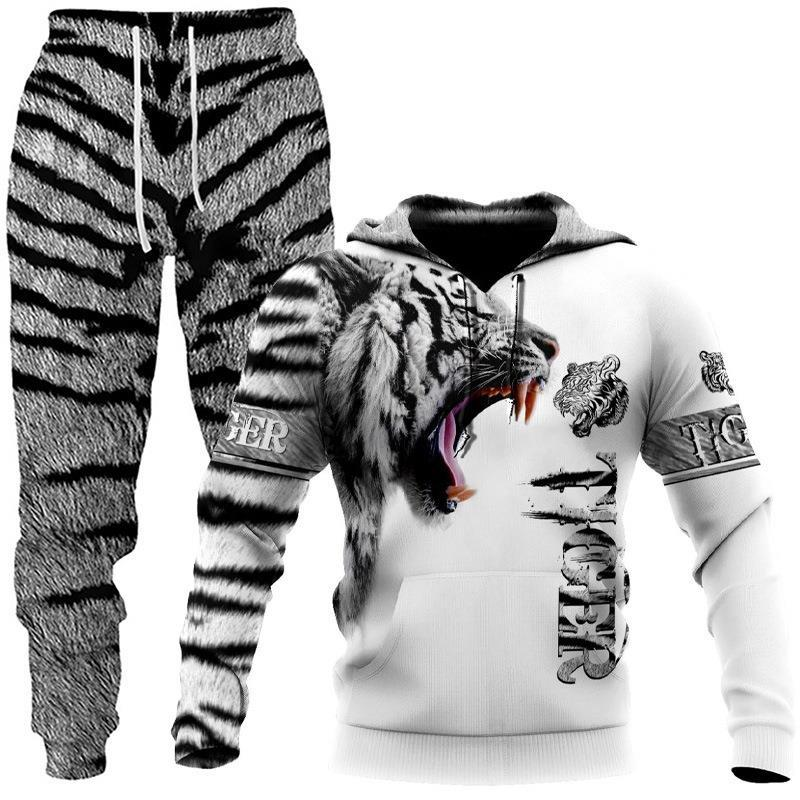2024 New Tiger Animal Pattern 3D Printed Hooded Men's Sweater Set_voghion.com