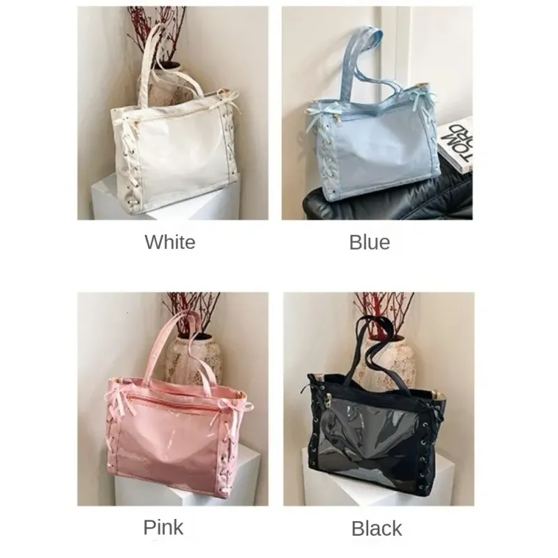 Ballet Style Drawstring Bow Transparent Large Capacity Pain Leisure DIY Decoration Shoulder Bag Student 250421_voghion.com