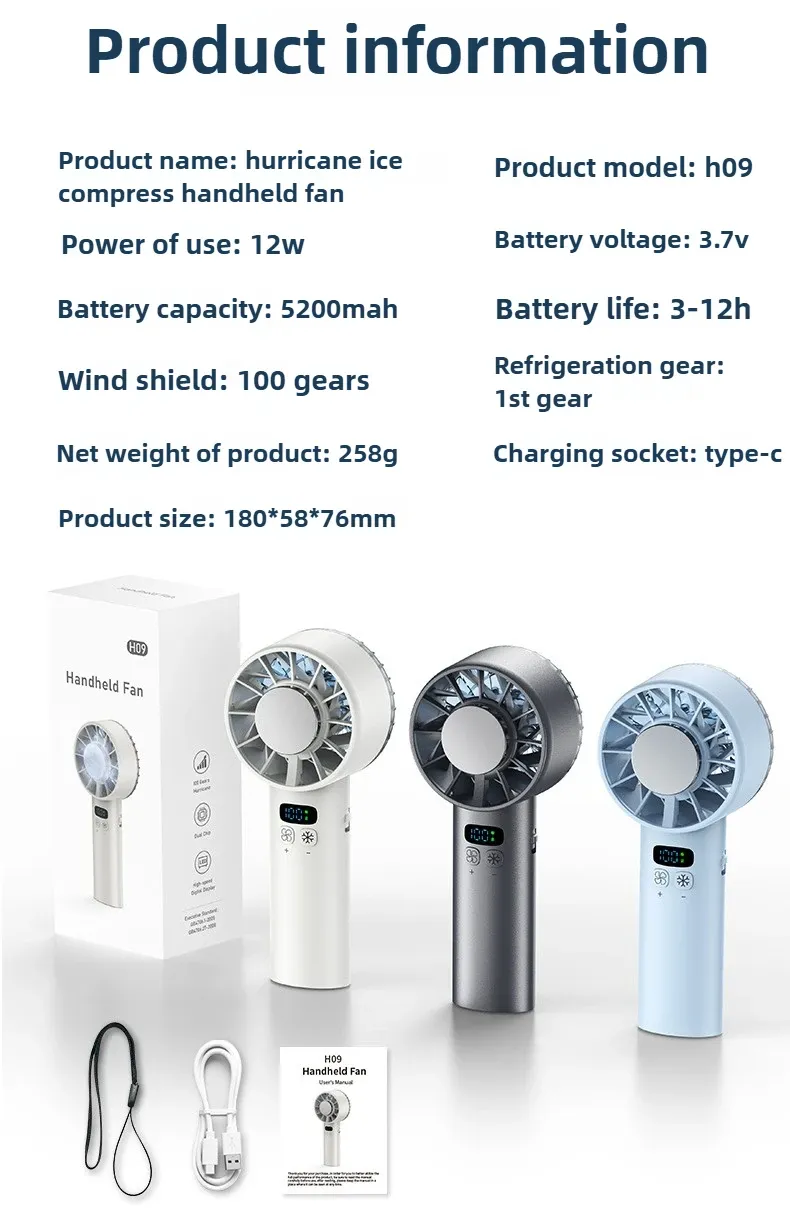 5200mAh Xiaomi Handheld Fan Electric Hand Fans Ice Compress High-speed Cooling USB Rechargeable Portable LED Digital_voghion.com