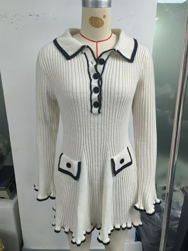 Elegante abito in maglia con colletto a punta e orlo a balza – Tunica a maniche lunghe slim fit per donna_voghion.com