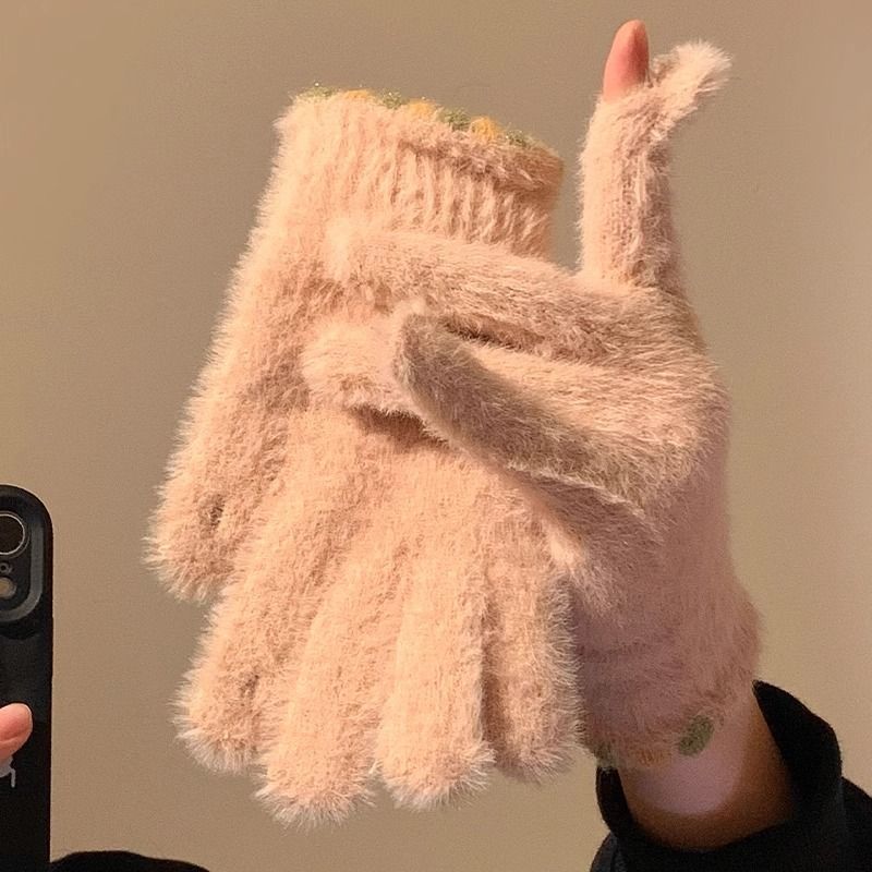 Süße Candy Bean Dew Touchscreen Fünffingerhandschuhe für Damen im Winter, warm und dick aus Plüsch, für Radsportlerinnen_voghion.com