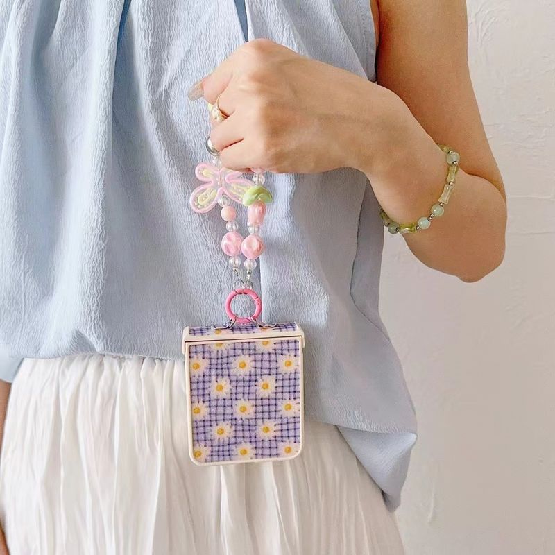For Samsung Galaxy Z Flip 3 4 5 5G Flip4 Cute New Butterfly Flower Glitter Pearl Wrist Chain Strap Phone Case Cover_voghion.com