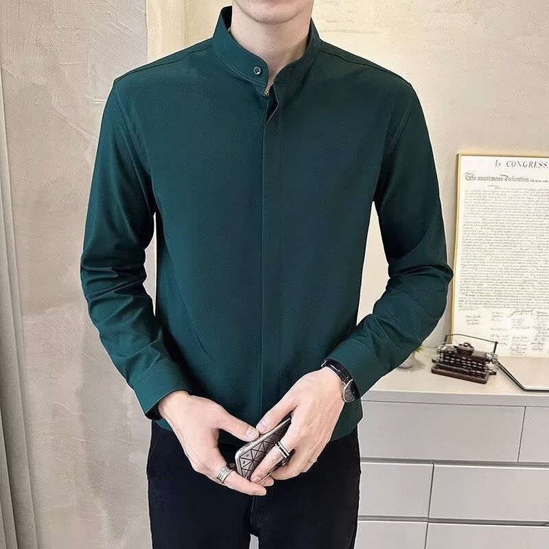 Stand Up Collar Shirt For Men, Long Sleeved Casual, Cool And Slim Fit Shirt For Men, No Ironing, Sunny_voghion.com
