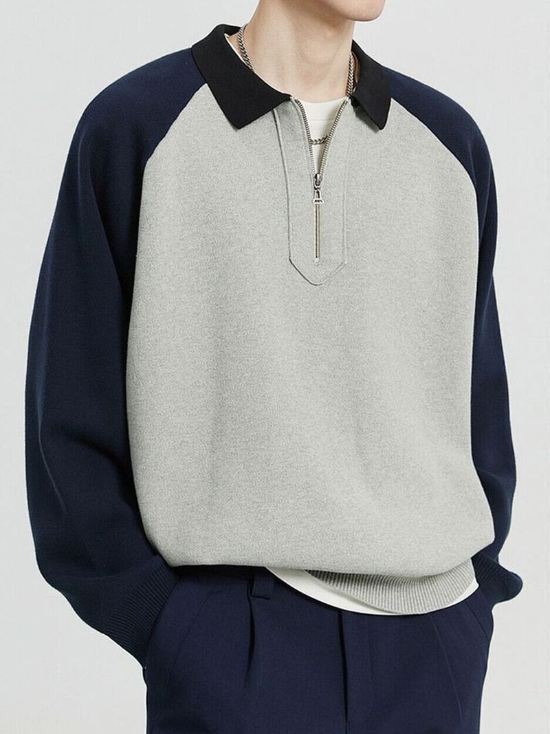 Herren-Poloshirt mit Farbblock-Reißverschluss – Langarm, entspannte Passform, Casual- und Streetwear-Stil (S-XXL, Hellgrau)_voghion.com