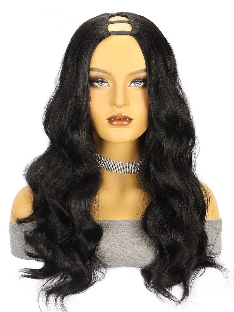 Peluca sintética con clip en forma de U, negra, larga y lisa, peluca de moda con parte en U_voghion.com