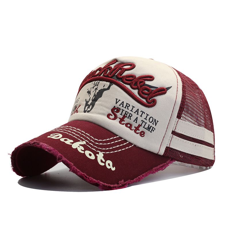 Men's Hats New Style Washed Mesh Baseball Cap Men's Spring And Summer Fashion Bull Head Pattern Letter Embroidered Duckbill Cap Mesh Cap_voghion.com