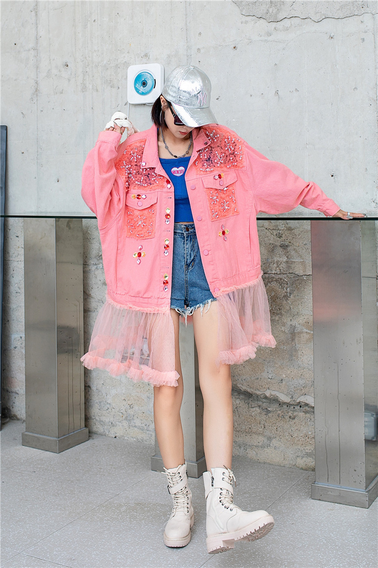 QING MO Damer Heavy Industry Paljetter Kappa Lös Mellanlängd Färg Diamanter Bead Splicing Mesh Denim Coat 2023 Höst_voghion.com