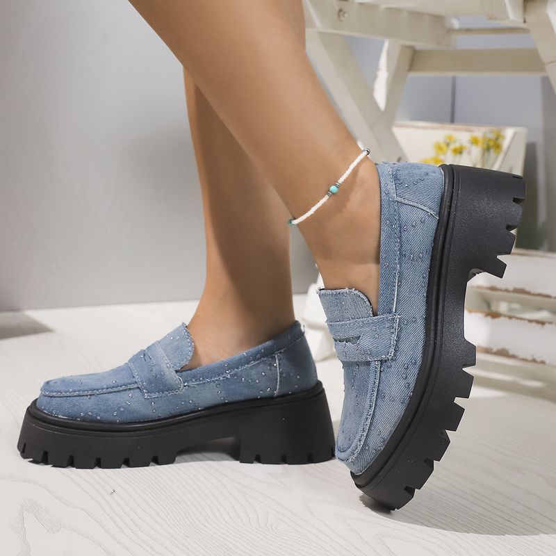 Damenschuhe mit Strasssteinen, dicker Sohle und dickem Absatz, einzelne Schuhe mit Strasssteinen, niedrigem Oberteil, bequem, Lazy One Step Loafers_voghion.com