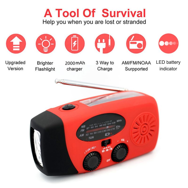 Monitoiminen käsiradio Solar Crank Dynamo Powered AM/FM/NOAA sääradio Käytä hätä LED taskulamppu Power Bank_voghion.com