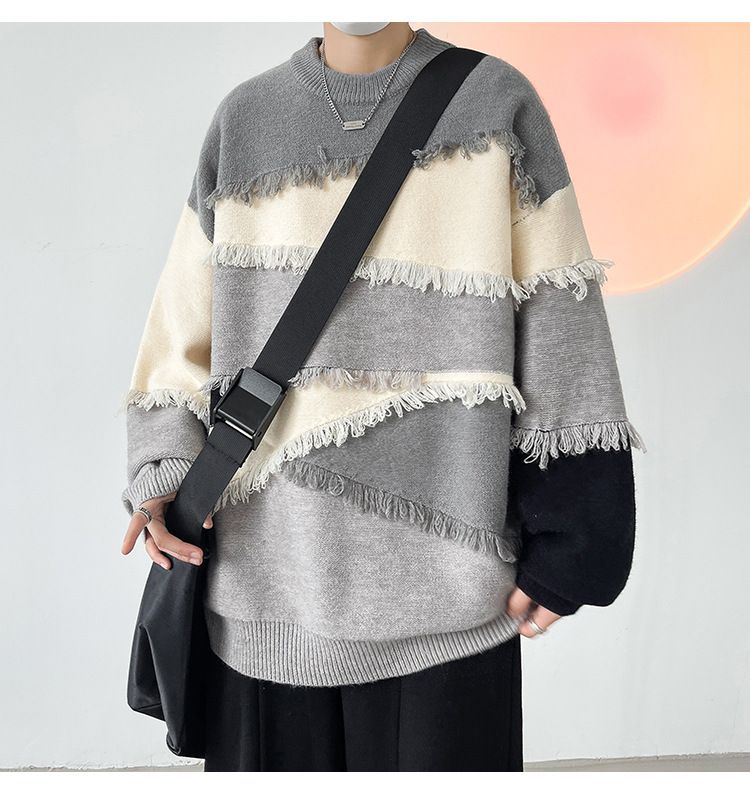 Retro-Strickpullover – Oversize-Unisex-Pullover mit Kontrastbesatz und Fransen_voghion.com