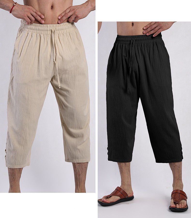 Pantaloni da uomo in cotone e lino, estivi, casual, da spiaggia, con coulisse in vita, elastici, comodi e traspiranti, a gamba dritta_voghion.com