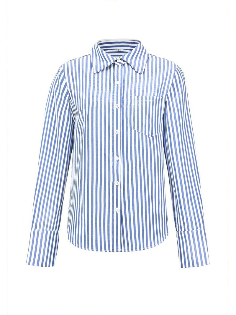 Damenbekleidung Frühling und Sommer Neues Revers Vertikal Gestreiftes Langarmhemd Button Shirt Top_voghion.com