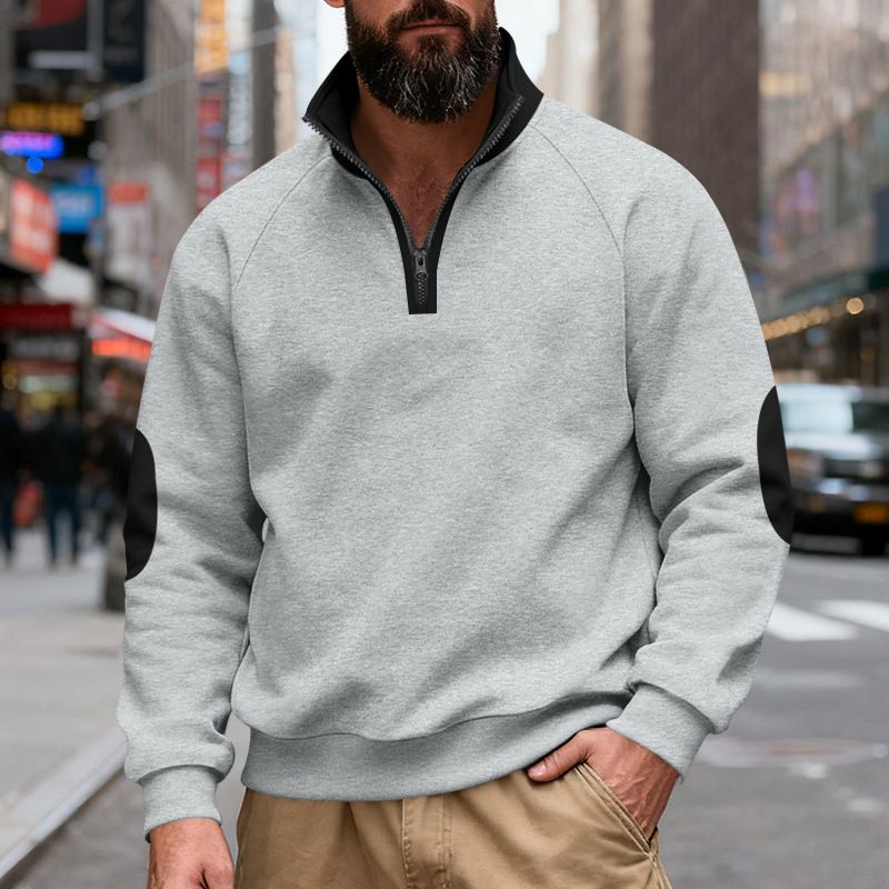 "Herren-Sweatshirt mit Fleecefutter und Reißverschluss – Oversize-Pullover mit Stehkragen und Patchwork"_voghion.com