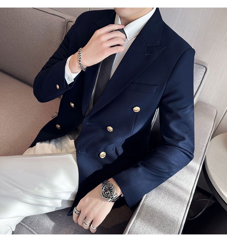 1 Cross-Border Foreign Trade Style Men's Suit With Metal Buttons Slim Fit Double-Breasted Peak Lapel Single Jacket Blazer_voghion.com