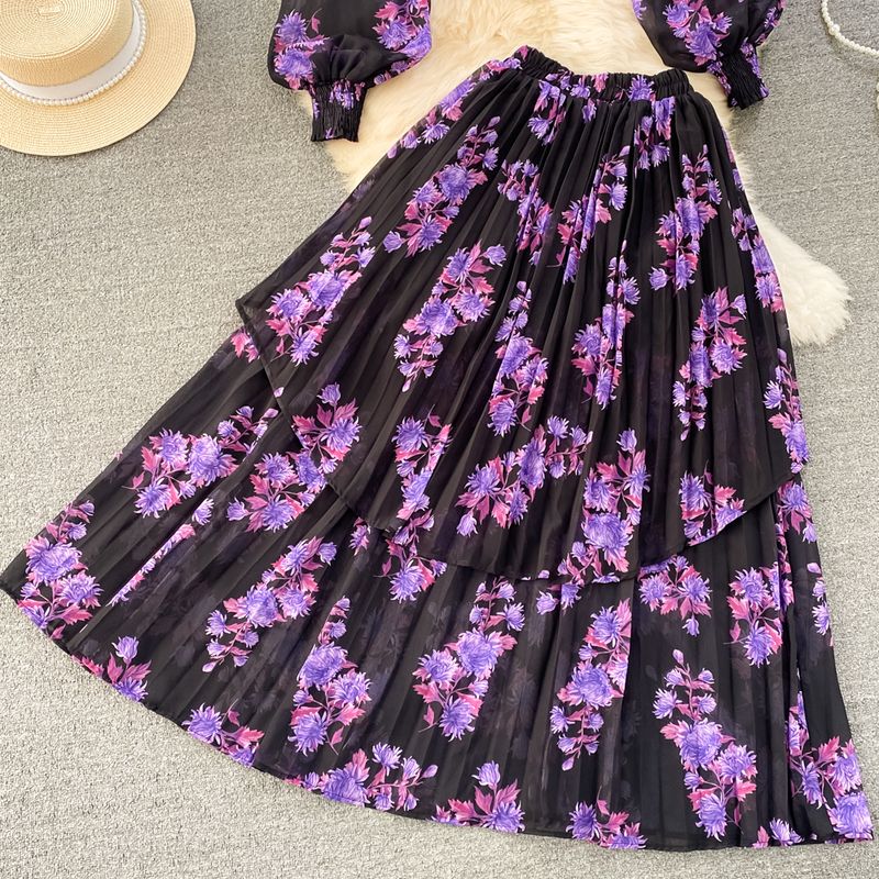 Women's Clothing light mature style, lantern long sleeves, bowknot, loose printed chiffon shirt, two-piece suit, high waist skirt_voghion.com