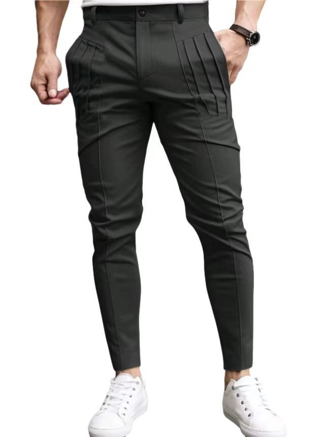 Men's Clothing Hot Selling Men's Solid Color Tight Pocket Zipper Casual Slim Fit Small Leg Trousers_voghion.com