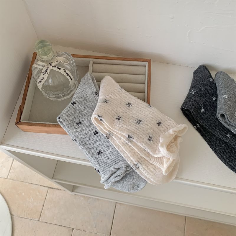 Summer Stacking Socks Thin Women's Summer Long Tube Ballet Crimped Mesh Gray New Bow Medium Tube Miu Series_voghion.com