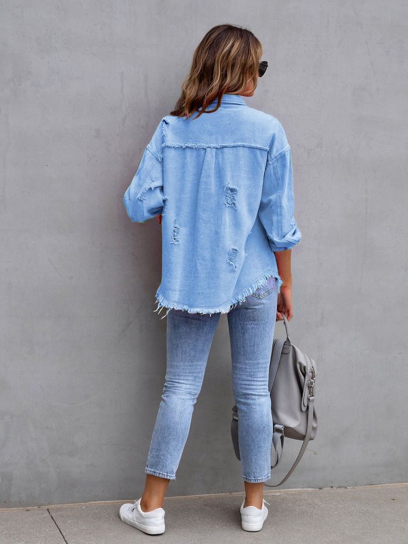 Giacca in denim effetto consumato, camicia oversize a maniche lunghe da donna, stile casual streetwear, cappotto vintage in 16 colori_voghion.com