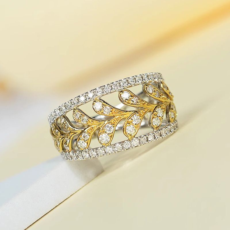 Cao Shi Metal Lock Edge Two-tone Tree Leaf Shiny Jewelry Inlaid Zircon Pastoral Style Ring_voghion.com