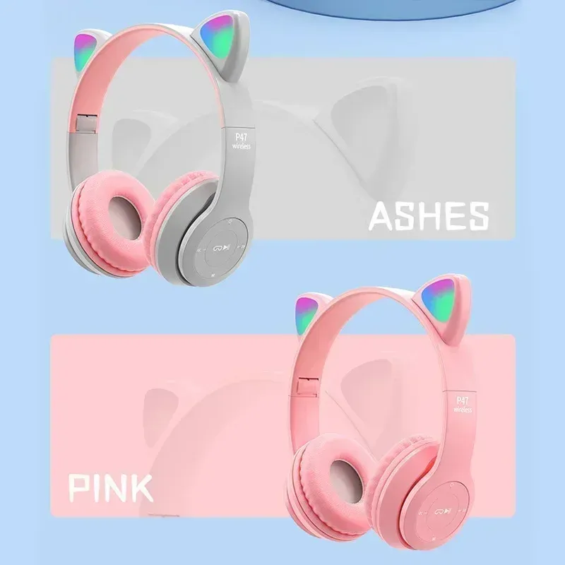 47M Wireless Game Headphone Flash Light Cute Cat Ears Gaming With Mic Control LED Stereo Music Phone Bluetooth Headset_voghion.com