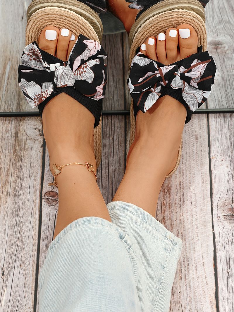 Γυναικεία Παπούτσια INS Χειροποίητα One Word Σχοινί Ψάθινο Υφαντό Four Seasons Νέα ραφές εξωτερικού χώρου Φιόγκος επίπεδη τακούνι παντόφλες για εξωτερικούς χώρους_voghion.com