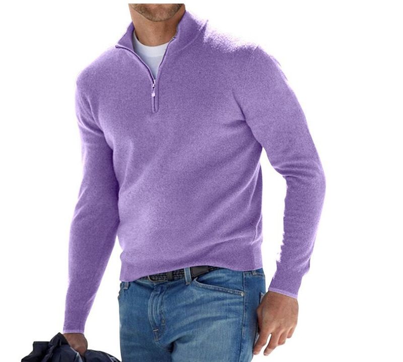Neue Frühjahrssaison Langarm V-Ausschnitt Wolle Samt Reißverschluss Herren Casual Top Polo_voghion.com