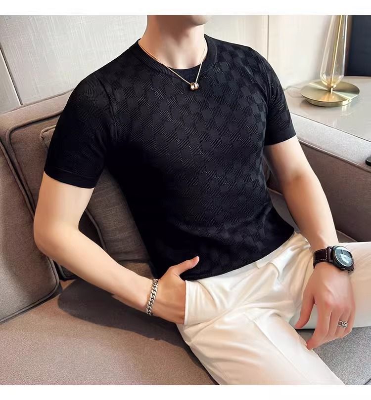 Maglione estivo a maniche corte da uomo, in seta ghiacciata traforata, a quadri, traspirante, slim fit, per attività commerciali._voghion.com