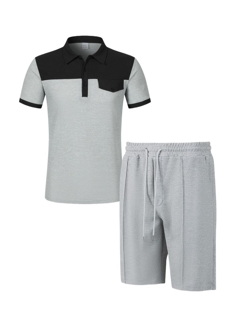 Men's Waffle Knit Short Sleeve Shirt & Shorts Set - Lapel Collar With Pocket, Summer Casual Matching Outfit_voghion.com