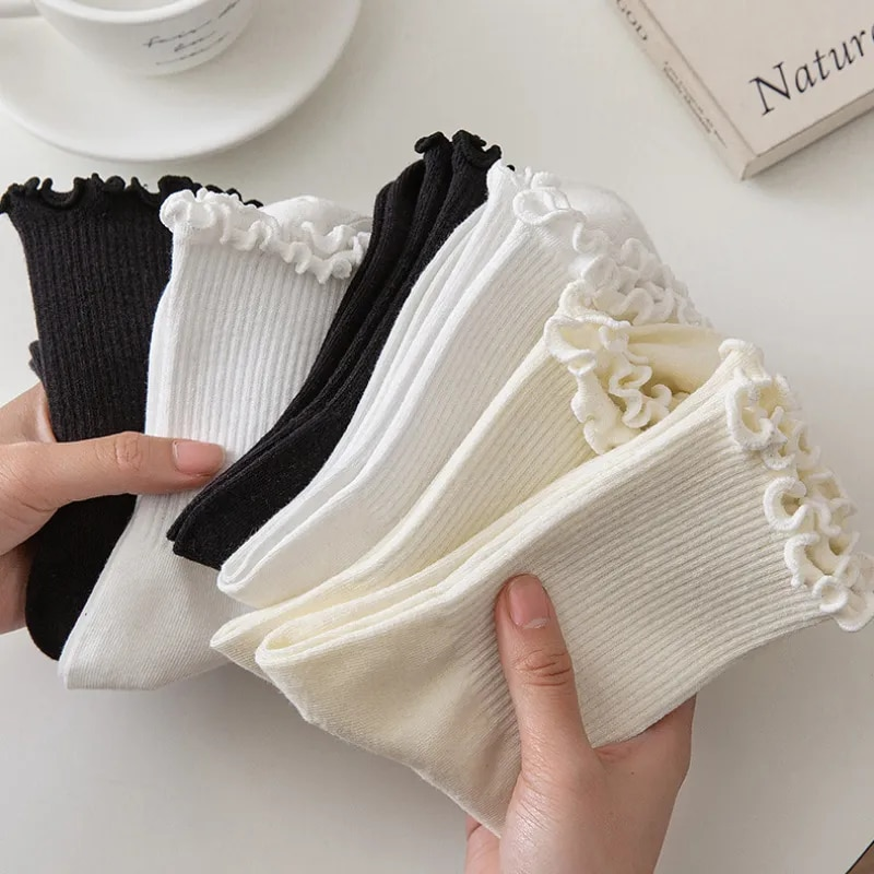 Ruffle Socks for Women 5pair /Lot Mid Crew Middles Tube Ankle High Breathable Black White Calcetines Female Spring_voghion.com