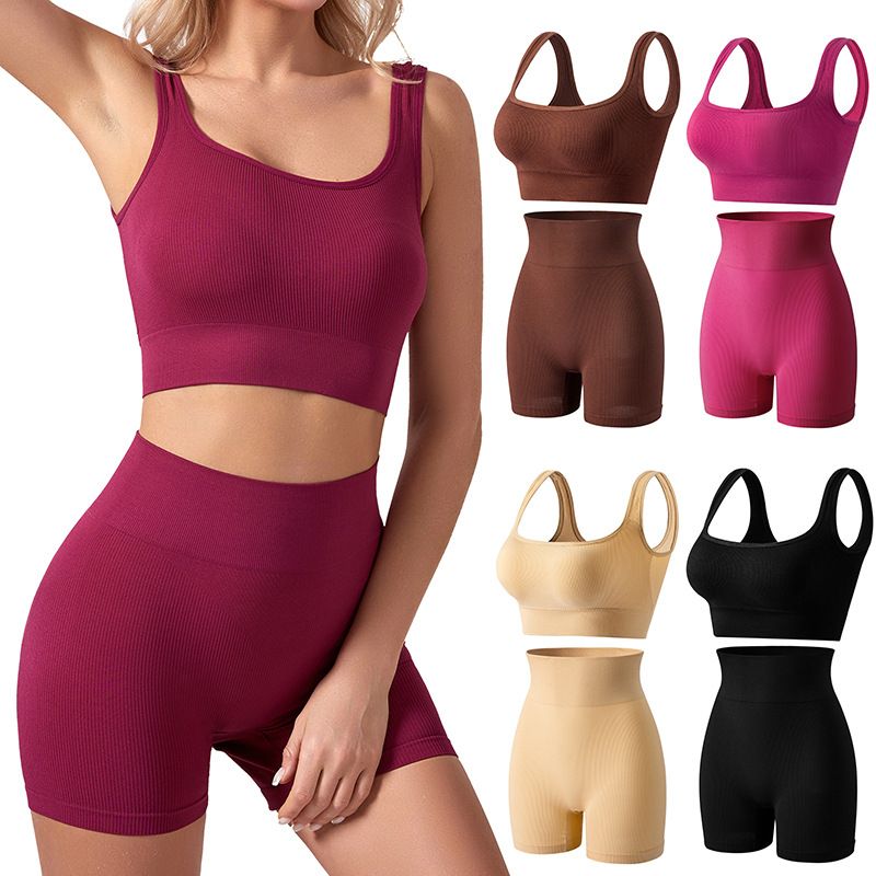 Simple Style Solid Color Nylon U Neck Backless Tracksuit Vest Capri Shorts_voghion.com