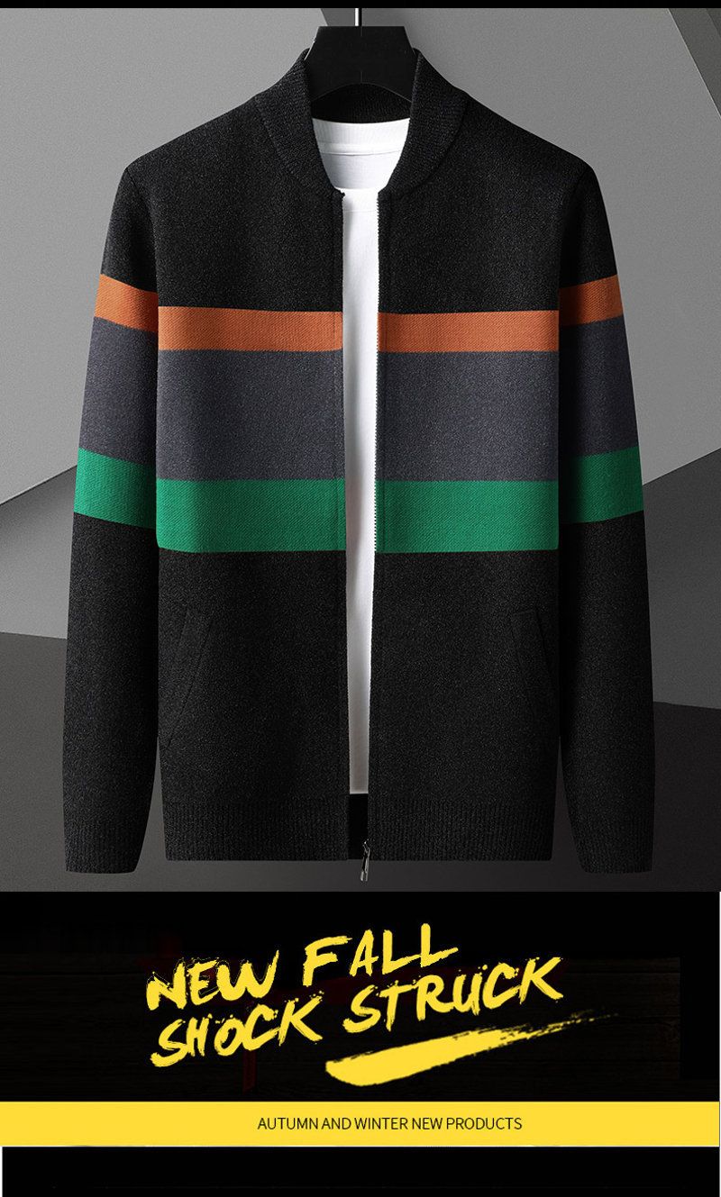 Men's Color-Block Zip-Up Sweater – Trendy Knit Cardigan With Baseball Collar, Loose Fit Casual Pullover For Autumn_voghion.com
