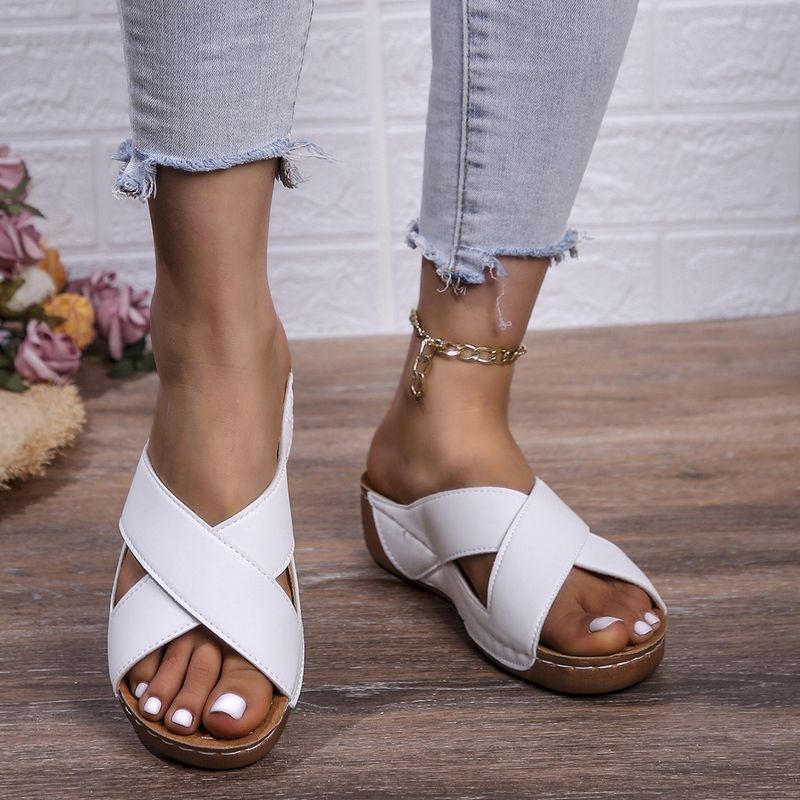 New Women's Sandals Cross Wedge Heel Thick Sole Simple Casual Outside To Wear Slippers_voghion.com