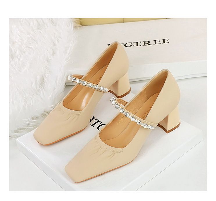 5288-17 Scarpe da donna con tacco medio e spesso, versione coreana, con punta quadrata, punta bassa, strass di perle, dritte_voghion.com