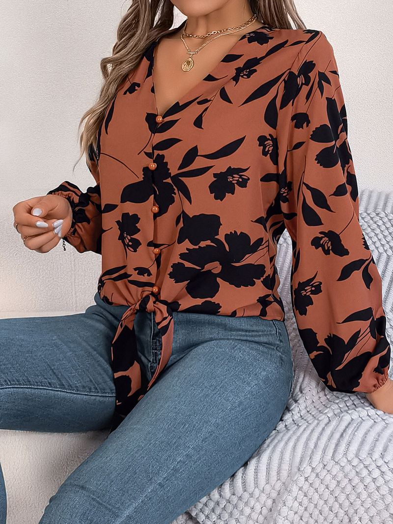 2025 Autumn Winter Casual Color-Block Floral Lantern Sleeve Tie Chiffon Blouse Women's Fashion_voghion.com