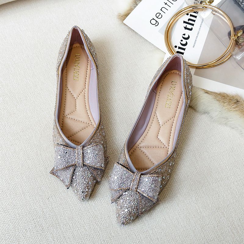 2025 New Spring Summer Shallow Pointed Toe Flat Single Rhinestone Loafers Large Size Women's Boat Shoes Women 41 To 43_voghion.com