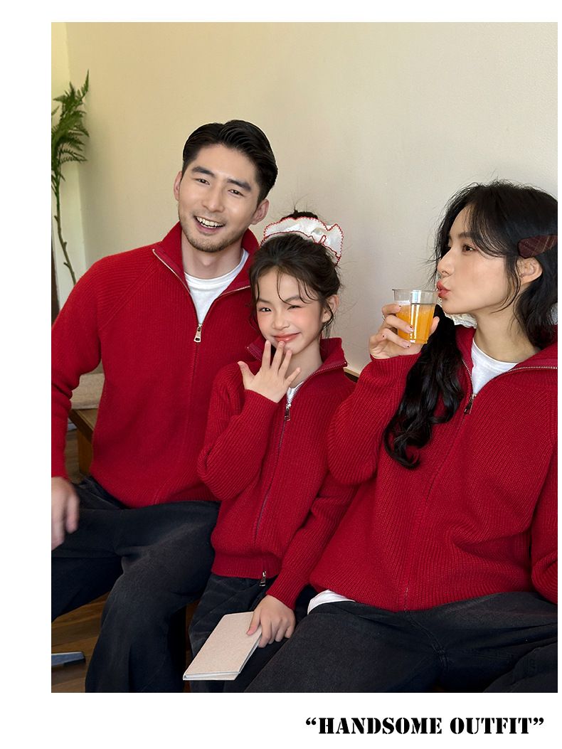 Trendy High-Neck Zip-Up Sweater Set – Matching Family Outfits For Lunar New Year & Christmas (80cm-XXL, Festive Red)_voghion.com
